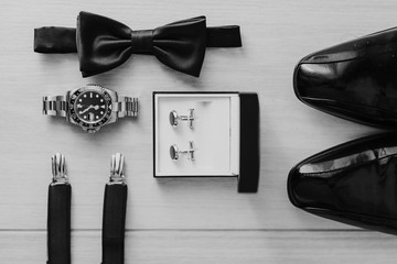 Man's accessories with shoes cufflinks watch bowtie