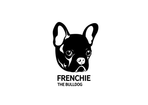 Adorable Black French Bulldog Face. Cute Frenchie with bunny ears in black & white logo.