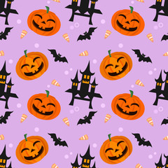 Halloween seamless pattern with pumpkin bat and castle vector design.