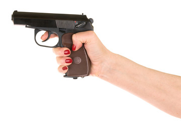 female hand holding gun