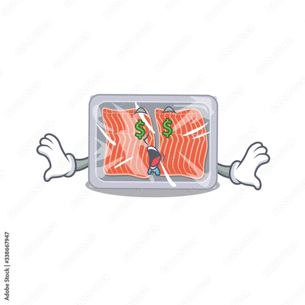 Sticker Rich cartoon character design of frozen salmon with money eyes