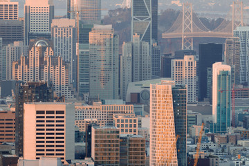 Close-up Sunset Reflections on San Francisco Downtown. Shot from Twin Peaks, San Francisco, California, USA.