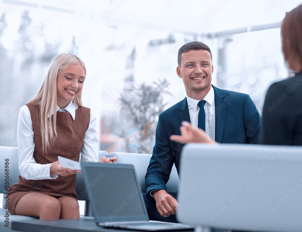 Sticker business team discussing business issues in office