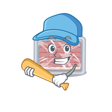 Picture of frozen smoked bacon cartoon character playing baseball