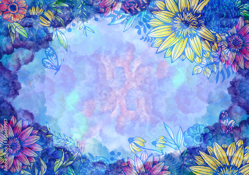 水彩と花柄の背景素材 レトロ 植物柄 絵の具 青色 水色 Wall Mural Aoirokaeru