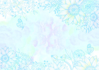 水彩と花柄の背景素材　レトロ　植物柄　絵の具　青色　水色