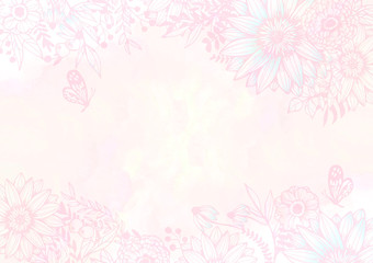 水彩の花柄背景素材　レトロ　絵の具　ピンク　植物柄