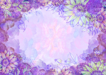 水彩と花柄の背景素材　レトロ　植物柄　絵の具　紫　藤色