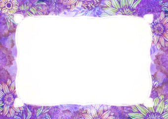 水彩と花柄の背景素材　レトロ　植物柄　絵の具　紫　藤色