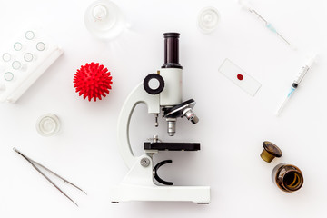 Coronavirus vaccine, research with microscope. White background top view flat lay