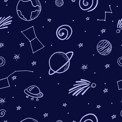 Space seamless pattern with planets, ufo or spaceship, constellation, comet, stars. Vector illustration in cartoon style.