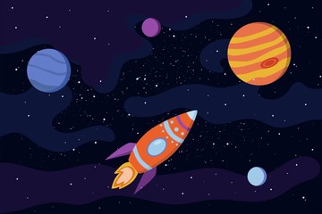 Space vector in flat style with rocket or spaceship, planets, moon, stars and galaxy.  Illustration in cartoon style. © Yulia Mei
