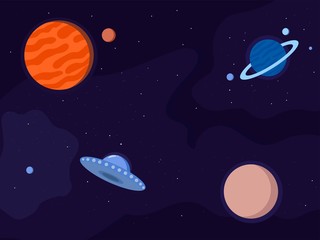 Vector illustration of planets, ufo, nebula. Space background with stars in cartoon style. Cosmic design. © Yulia Mei