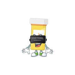 A cartoon mascot of medicine bottle enjoying game with Virtual reality headset