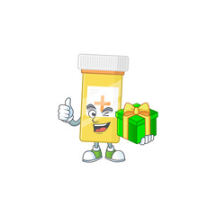 Smiley medicine bottle cartoon character holding a gift box