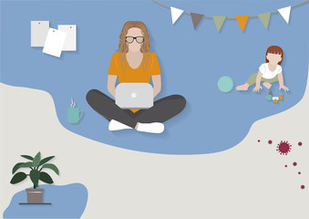 Young mother working with a laptop freelancer, remote work at home and raising a child at home. 