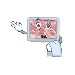 A cartoon character of frozen smoked bacon waiter working in the restaurant