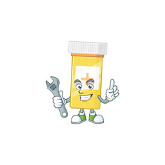 A mechanic medicine bottle mascot character fix a broken machine