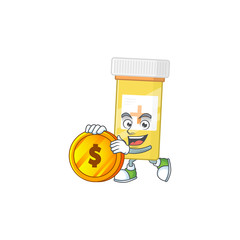 Medicine bottle rich cartoon character have big gold coin
