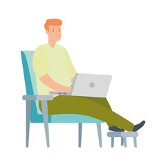 man sitting in chair with laptop isolated icon vector illustration design
