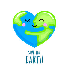 Cute cartoon globe heart shape with hand embrace. Happy Earth day concept, World Environment Day. Icon design. llustration isolated on white background.