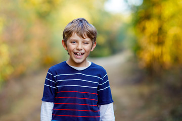 Portrait of little cool kid boy in forest. Happy healthy child having fun on warm sunny day early autumn. Family, nature, love and active leisure.