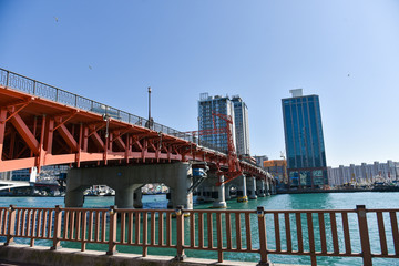 Busan city, South Korea - OCT 31, 2019: Tourists near drawbridge- Yeongdodaegyo Bridge in Jung-gu, Busan