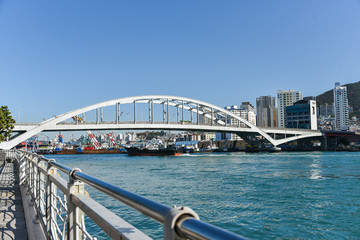 Naklejka premium Busan city, South Korea - OCT 31, 2019: Busandaegyo Bridge to Yeongdo island.