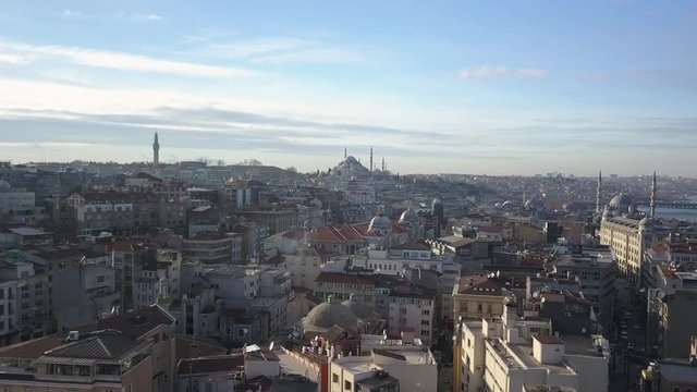 Istanbul Turkey Cityscape Drone Aerial. Residental Buildings and Blue Mosque Under Golden Hour Sunlight