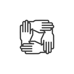 Four hands hold together line icon. linear style sign for mobile concept and web design. Solidarity, Unity hands outline vector icon. Teamwork symbol, logo illustration. Vector graphics