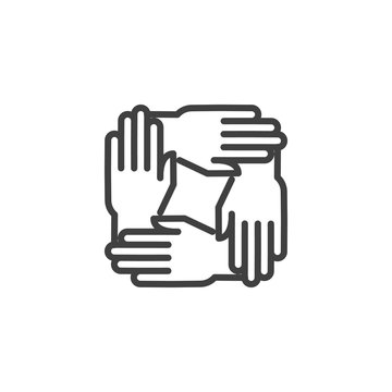 Four hands hold together line icon. linear style sign for mobile concept and web design. Solidarity, Unity hands outline vector icon. Teamwork symbol, logo illustration. Vector graphics