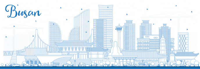 Outline Busan South Korea City Skyline with Blue Buildings.