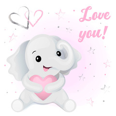 Cute cartoon elephant with a heart. Greeting card. I love you. Isolated Vectlor illustration for children.