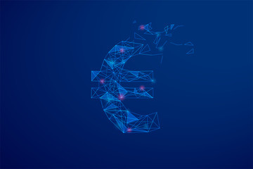Euro currency in glowing Sci-fi polygonal has broken in dark blue background