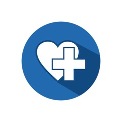 Heart and cross. Sign of medical assistance, insurance. Round vector icon isolated on white background.