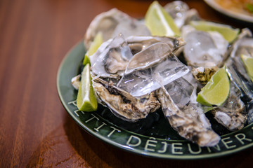 Oysters platter with lemon and ice served on dish