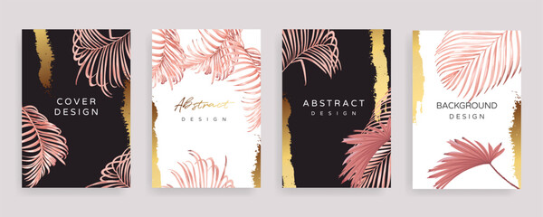 Rose gold summer Tropical palm leaves cover design template vector. Social media stories and post creative Vector set. 