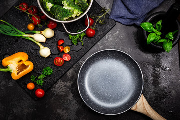 Empty Pan on Kitchen Counter  with Fresh Vegetables. Product Template Mock Up. Product Placement Background