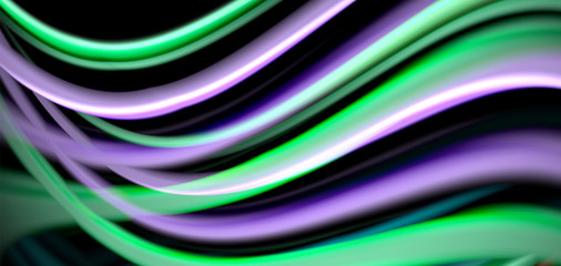 Abstract silk smooth lines on black, multicolored liquid fluid rainbow style waves on black