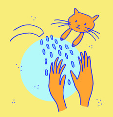 Cute vector doodle illustration - Hands under running water. A kitten wets its paws. Washing hands to sanitize and disinfect COVID-19. Virus prevention concept. Coronavirus hygiene promotion 