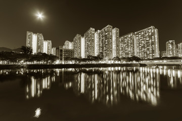 High rise residential building of public estate in Hong Kong city at night