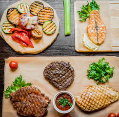 meat and fish steaks fried