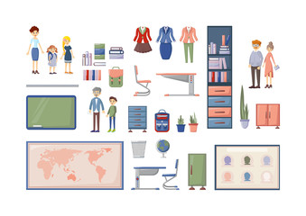 School furniture, desk classroom, map, bookshelf, backpack home decoration furniture clothes vector