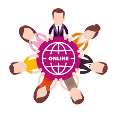 Vector different people sitting at a round table. Symbolizing online communication. Isolated on white background.