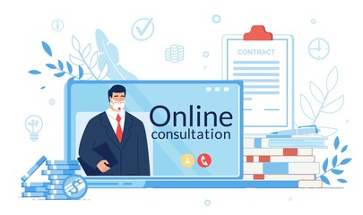 Business Support Online Consultation on Quarantine. Virtual Assistant, Lawyer, Entrepreneur Consultant in Protective Facemask Hold Folder on Laptop Screen. Coin, Contract Signing. Covid19 Outbreak