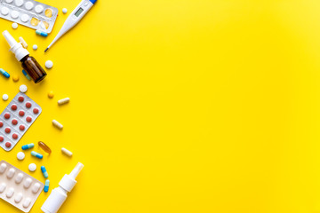 Pharmacy - pills, tablets - flu, cold health care. on white table top view space for text