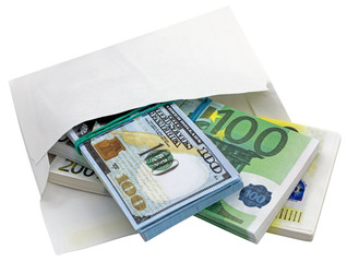 Bundle of american dollar banknotes and euro banknotes