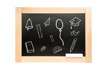 Blackboard. School Board in wooden frame with childhood drawings isolated on white background.