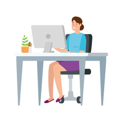 Fototapeta na wymiar woman with desk and computer in workplace vector illustration design
