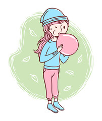 cute woman blowing a balloon illustration